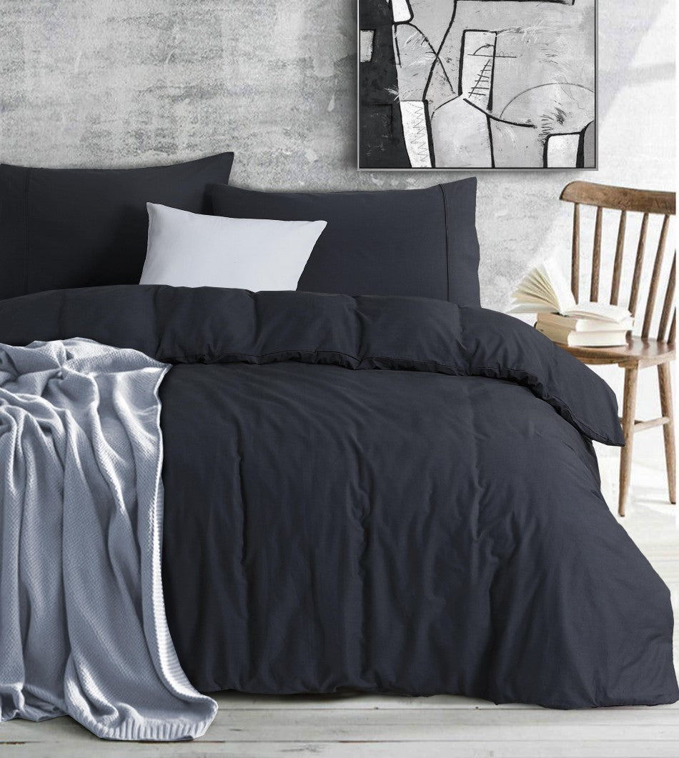 100% Egyptian Cotton Vintage Washed 500TC Charcoal Double Quilt Cover with matching pillowcases, showcasing a soft and elegant design.
