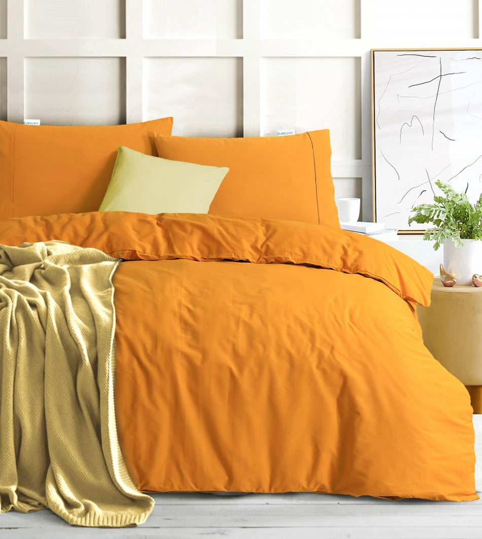100% Egyptian Cotton Vintage Washed 500TC Mustard Double Quilt Cover with matching pillowcases, showcasing a soft and elegant design.