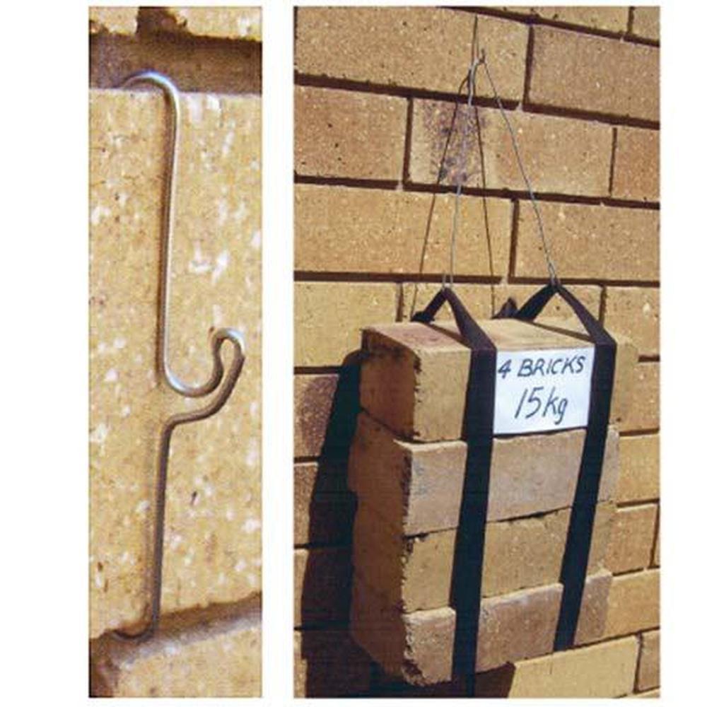 A pack of 10 Bric Crab Brick Hooks designed for hanging items on external bricks, showcasing their stainless steel construction and spring design.
