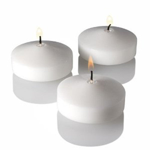 A pack of 10 white floating candles, each 5.8cm in diameter, designed for elegant wedding and event decor, showcasing their smooth wax finish.
