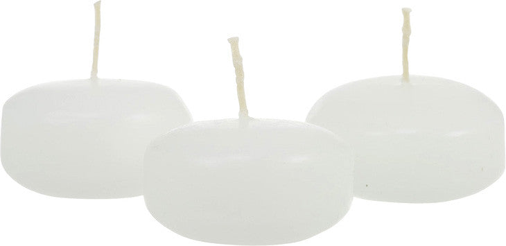 A pack of 10 white floating candles, each 5.8cm in diameter, designed for elegant wedding and event decor, showcasing their smooth wax finish.