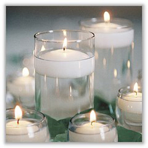 A pack of 10 white floating candles, each 5.8cm in diameter, designed for elegant wedding and event decor, showcasing their smooth wax finish.