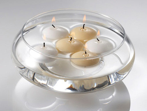 A pack of 10 white floating candles, each 5.8cm in diameter, designed for elegant wedding and event decor, showcasing their smooth wax finish.