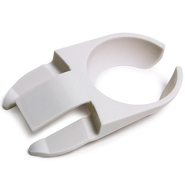 A pack of 10 white wine glass plate clips designed to hold stemware securely on dinner plates, ideal for parties and buffets.