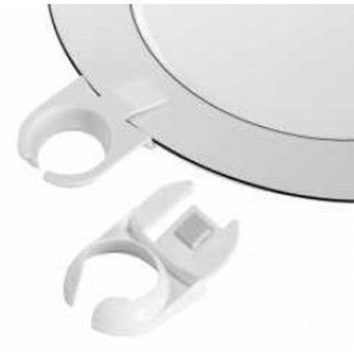 A pack of 10 white wine glass plate clips designed to hold stemware securely on dinner plates, ideal for parties and buffets.