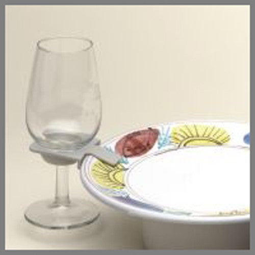 A pack of 10 white wine glass plate clips designed to hold stemware securely on dinner plates, ideal for parties and buffets.