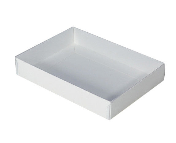 A pack of 10 white card boxes with clear slide-on lids, ideal for packaging gifts and treats.