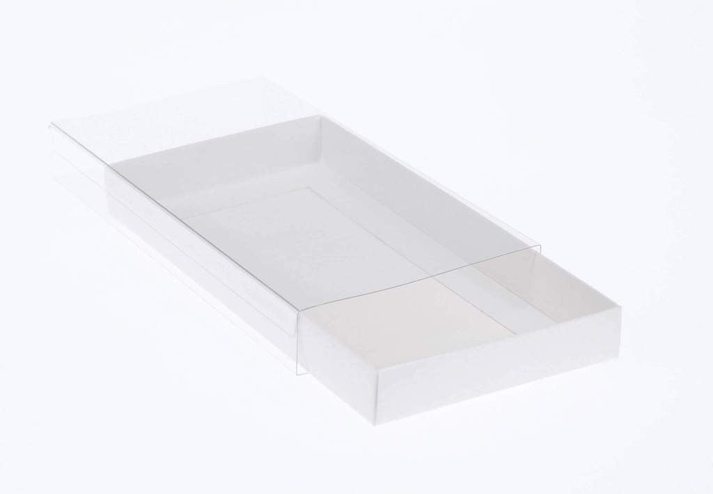 A pack of 10 white card boxes with clear slide-on lids, ideal for packaging gifts and treats.