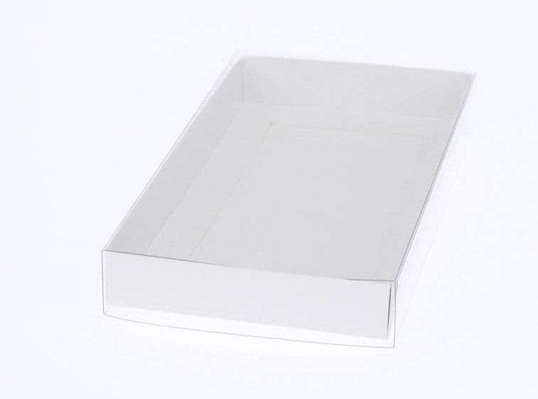 A pack of 10 white card boxes with clear slide-on lids, ideal for packaging gifts and treats.