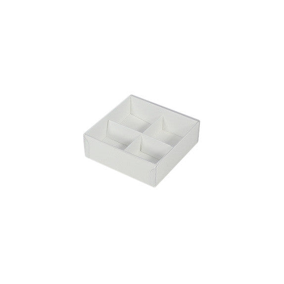 A set of 10 white gift boxes with clear lids, designed for chocolates and petite treats, featuring dividers for organized storage.