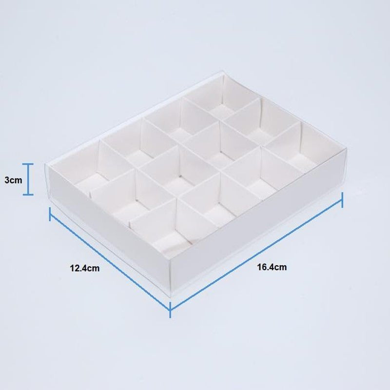 A set of 10 elegant white gift boxes with clear plastic lids, designed for chocolates and small gifts, showcasing their compartments and flat-packed design.