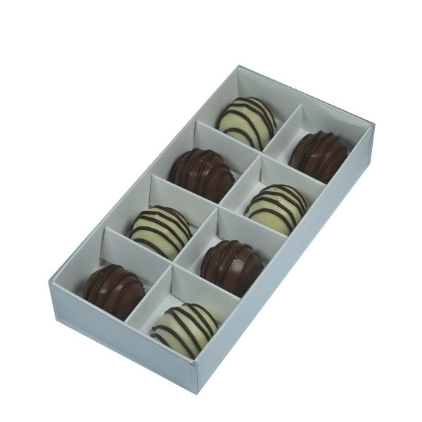 A set of 10 elegant white gift boxes with clear plastic lids, designed for chocolates and petite gifts, showcasing their compartmentalized structure.