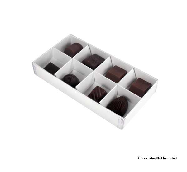A set of 10 elegant white gift boxes with clear plastic lids, designed for chocolates and petite gifts, showcasing their compartmentalized structure.