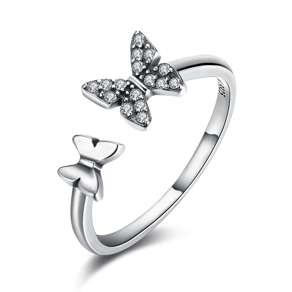 A stunning 100% Real 925 Sterling Silver Dazzling Zircon Butterfly Open Finger Ring, showcasing intricate butterfly design and sparkling zircon stones.