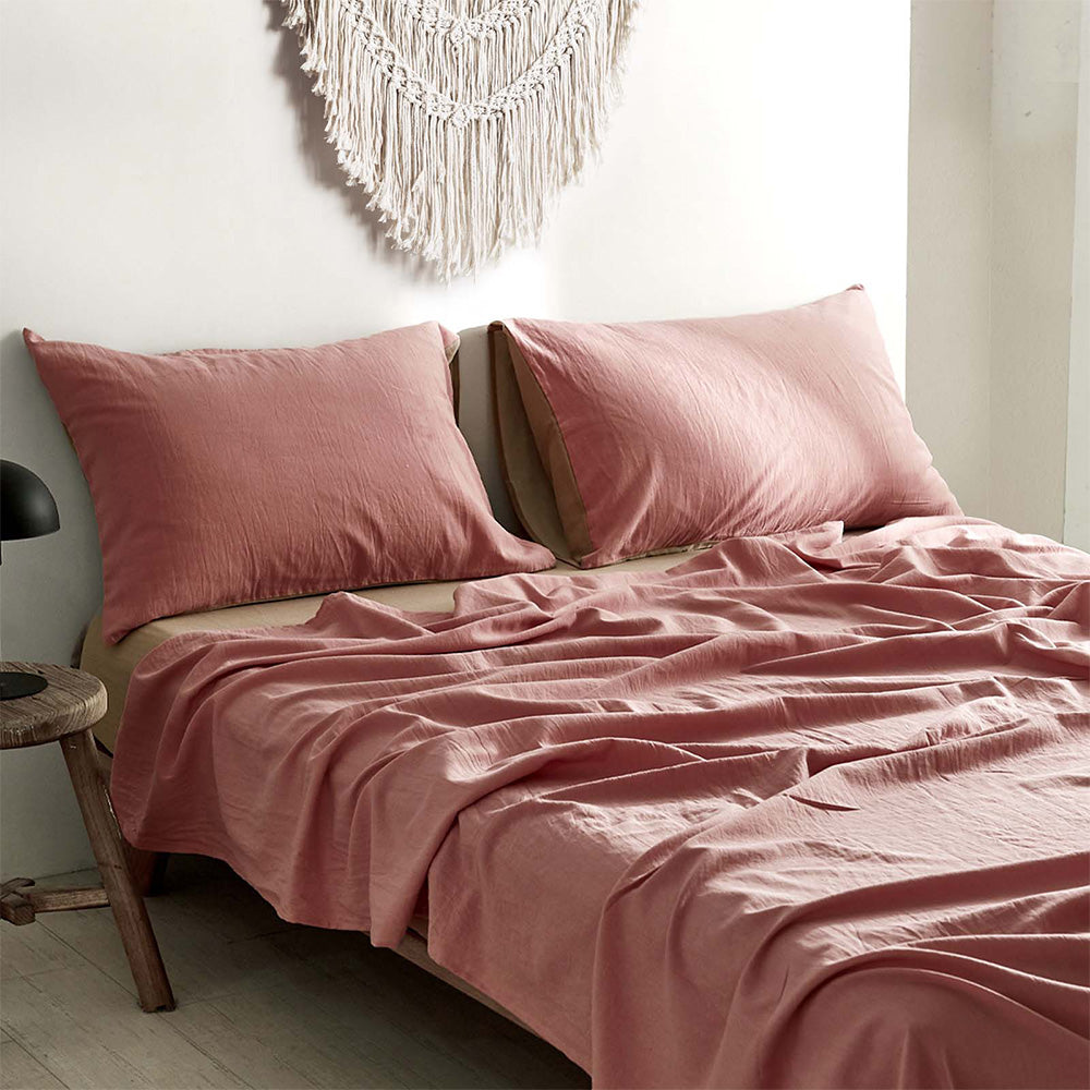 Cosy Club 100% Washed Cotton Sheet Set in pink and brown, showcasing a soft and breathable fabric ideal for year-round comfort.