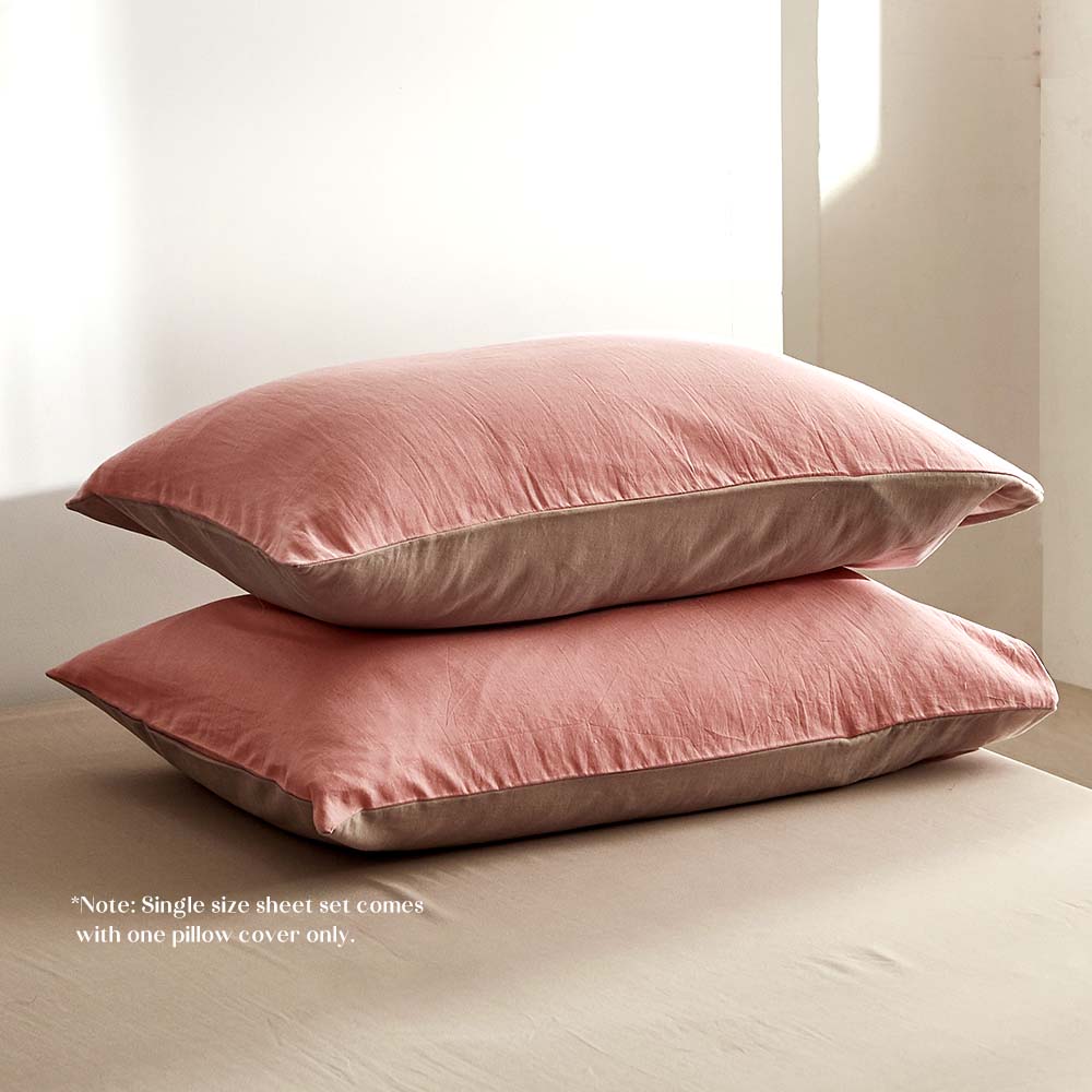 Cosy Club 100% Washed Cotton Sheet Set in pink and brown, showcasing a soft and breathable fabric ideal for year-round comfort.