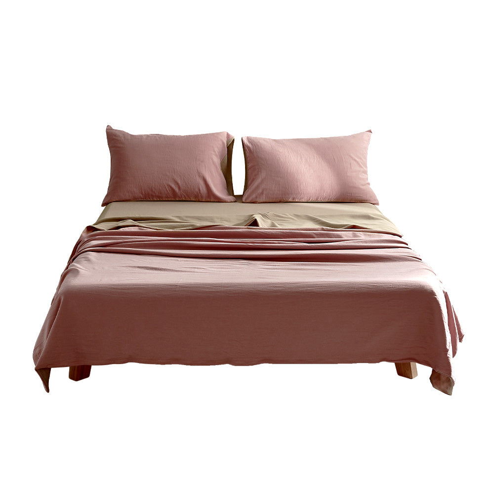 Cosy Club 100% Washed Cotton Sheet Set in pink and brown, showcasing a soft and breathable fabric ideal for year-round comfort.