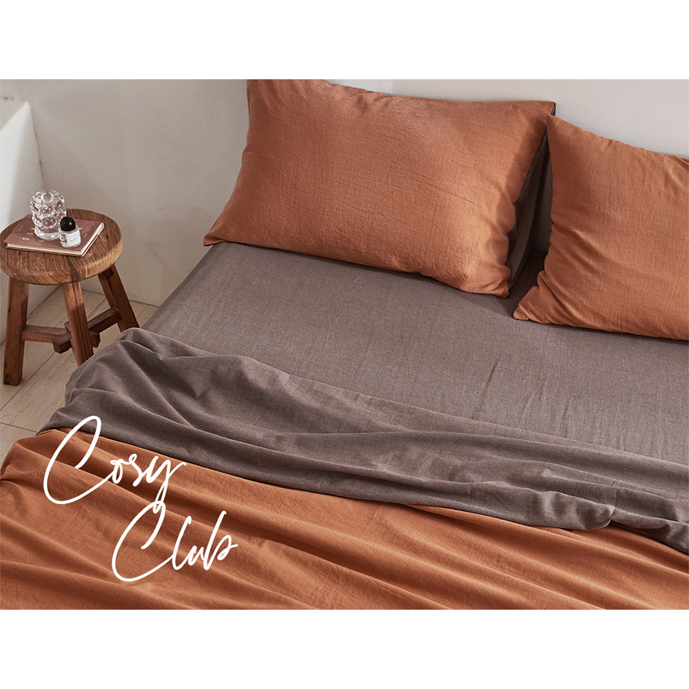 Cosy Club 100% Washed Cotton Sheet Set in Orange Brown, showcasing a soft and breathable fabric ideal for year-round comfort.