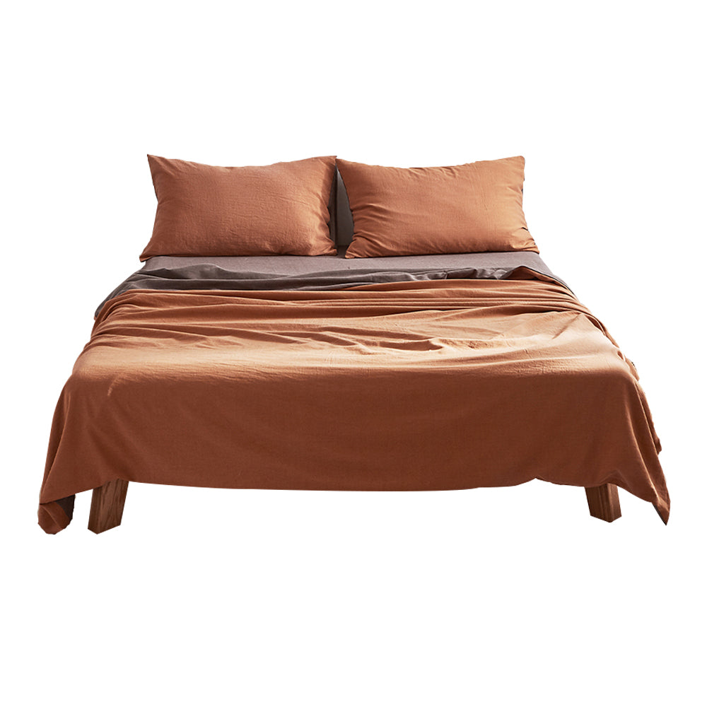 Cosy Club 100% Washed Cotton Sheet Set in Orange Brown, showcasing a soft and breathable fabric ideal for year-round comfort.