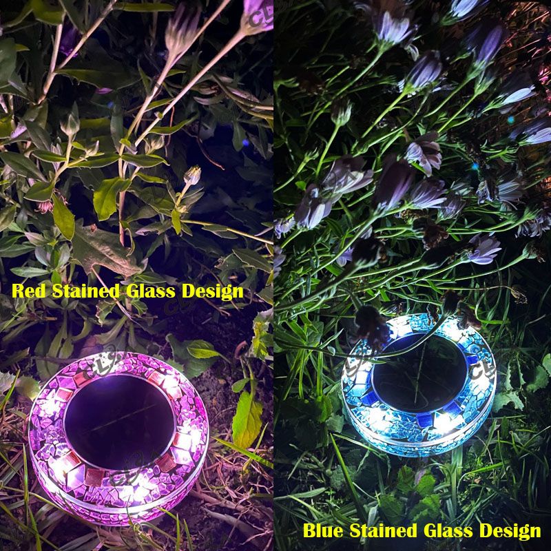 A set of 10 solar LED hand-made art stained glass inground lights, showcasing vibrant red stained glass designs, perfect for garden illumination.