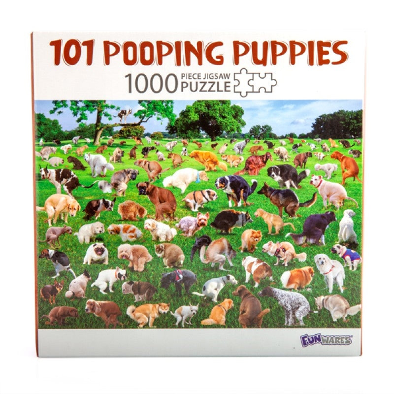 A colorful jigsaw puzzle featuring 101 playful puppies in a humorous pooping pose, showcasing various dog breeds.