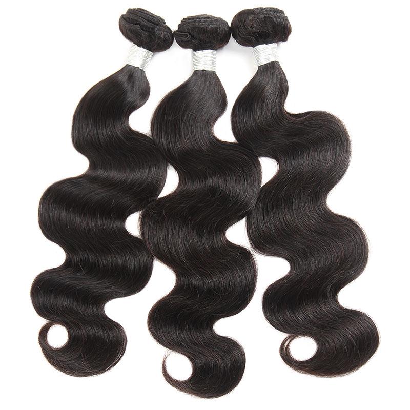 Three bundles of 10A unprocessed Brazilian Peruvian virgin hair in body wave texture, showcasing natural shine and quality.