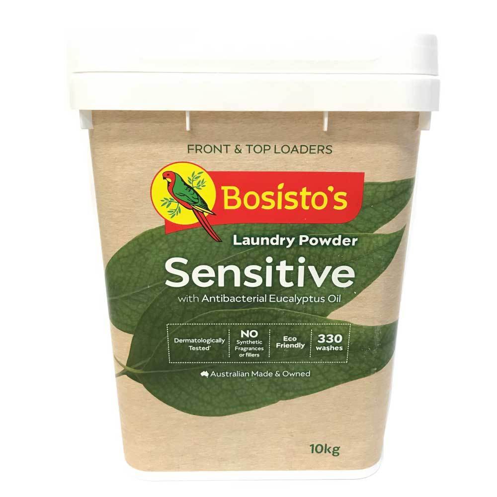 Bosisto's 10Kg Sensitive Laundry Powder bucket with eucalyptus oil, eco-friendly packaging, and scoop for easy use.