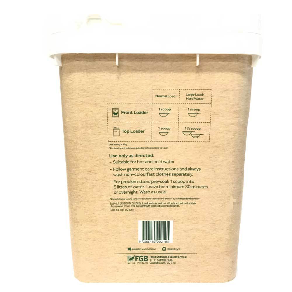 Bosisto's 10Kg Sensitive Laundry Powder bucket with eucalyptus oil, eco-friendly packaging, and scoop for easy use.