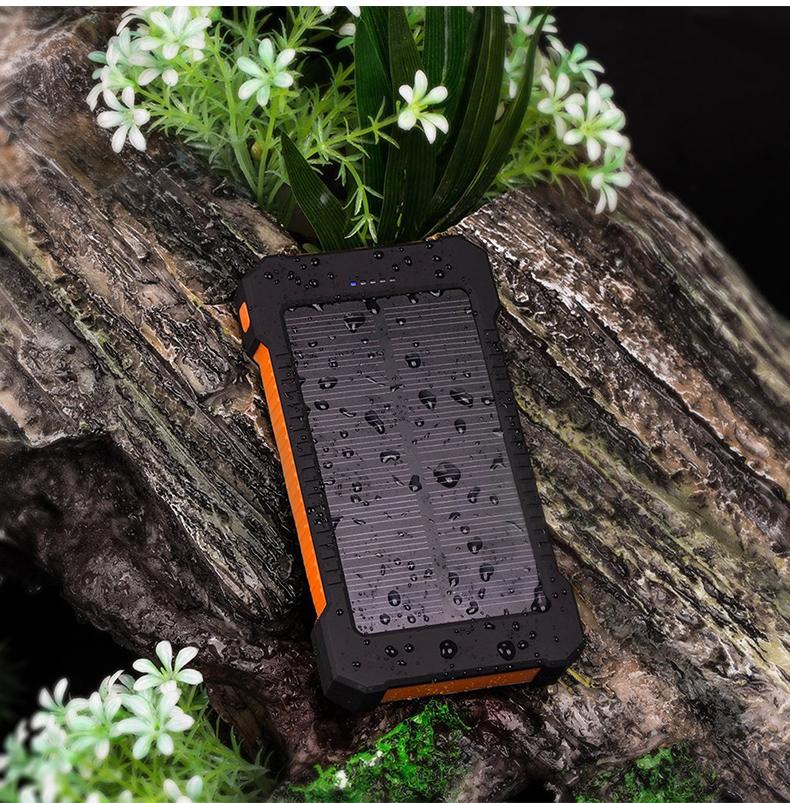 10000mAh Solar Power Bank with dual USB ports, waterproof design, and solar panel for eco-friendly charging.