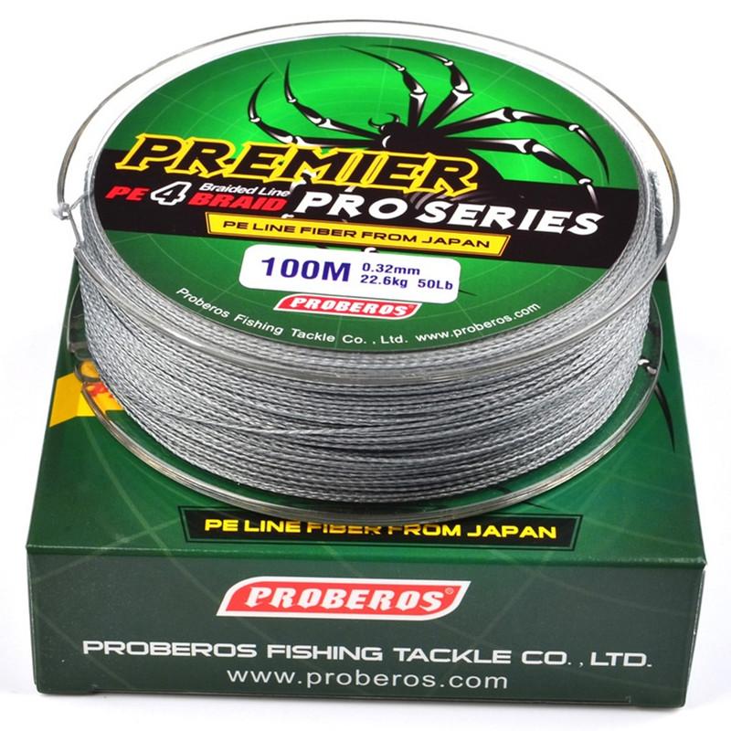 100 meters of gray braided fishing line, showcasing its durable construction and various strength options.