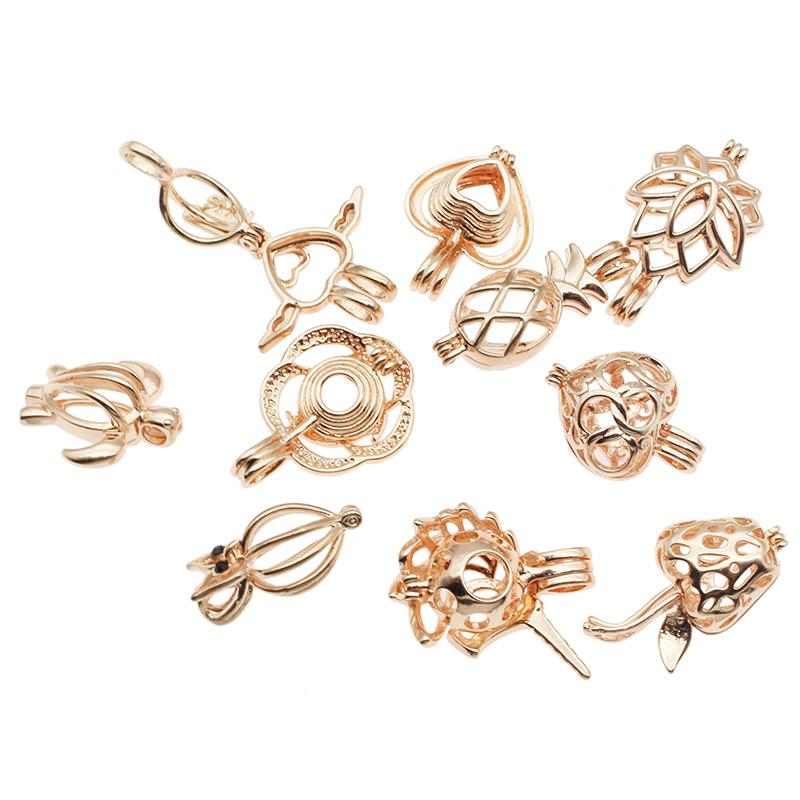 10pcs Classic Rose Gold Mixed Pearl Cage Locket Pendants for aromatherapy, showcasing elegant design and versatility.