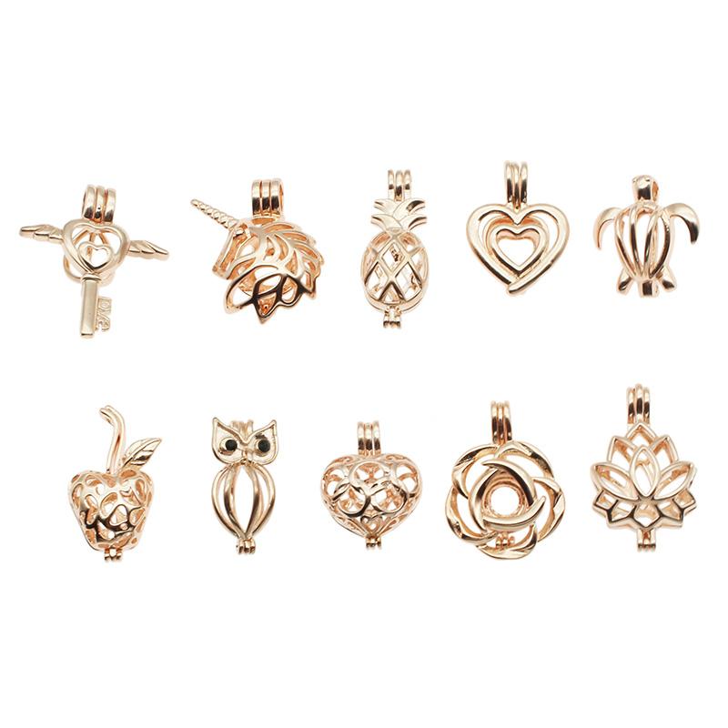 10pcs Classic Rose Gold Mixed Pearl Cage Locket Pendants for aromatherapy, showcasing elegant design and versatility.