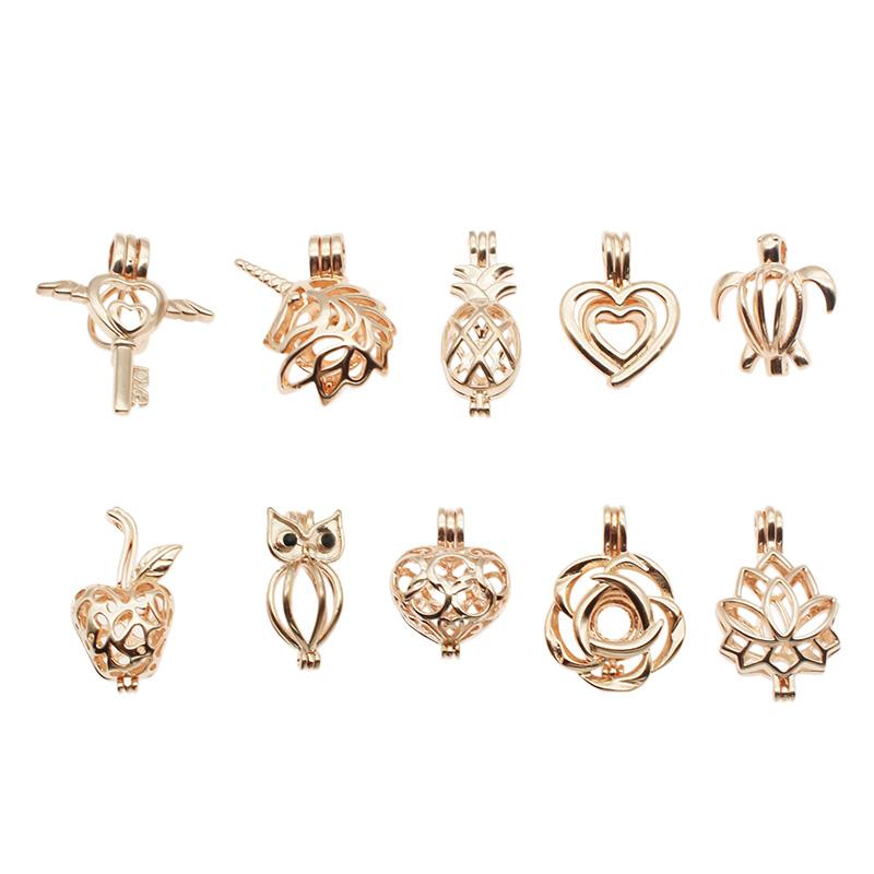 10pcs Classic Rose Gold Mixed Pearl Cage Locket Pendants for aromatherapy, showcasing elegant design and versatility.