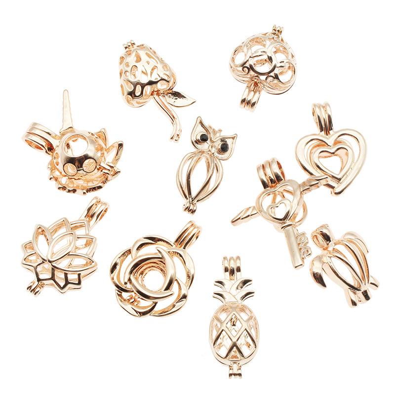 10pcs Classic Rose Gold Mixed Pearl Cage Locket Pendants for aromatherapy, showcasing elegant design and versatility.
