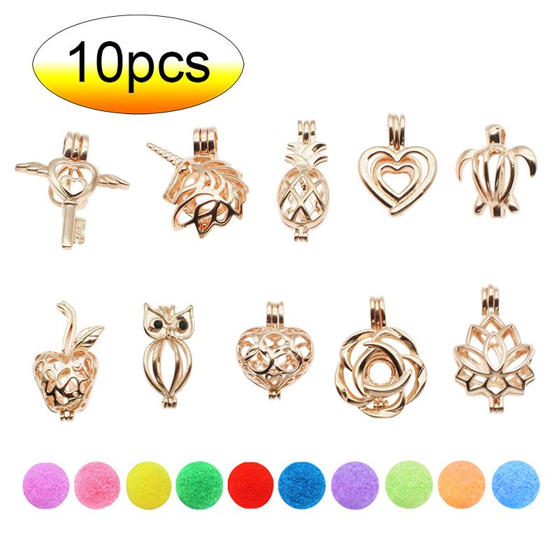 10pcs Classic Rose Gold Mixed Pearl Cage Locket Pendants for aromatherapy, showcasing elegant design and versatility.