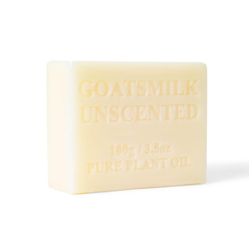 Ten 100g unscented goats milk soap bars stacked neatly, showcasing their creamy texture and natural color, ideal for sensitive skin.