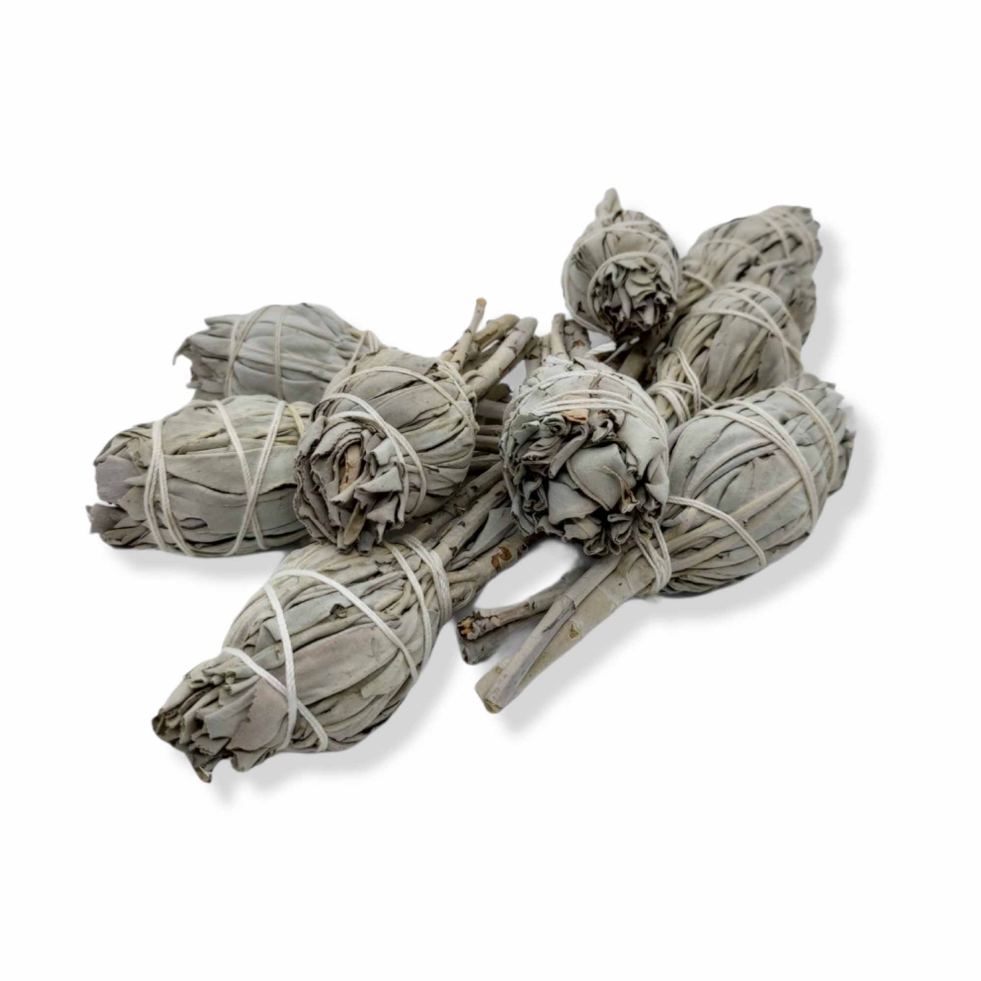 A pack of 10 mini Californian white sage smudge sticks, each wrapped in cotton string, showcasing their organic and natural appearance.