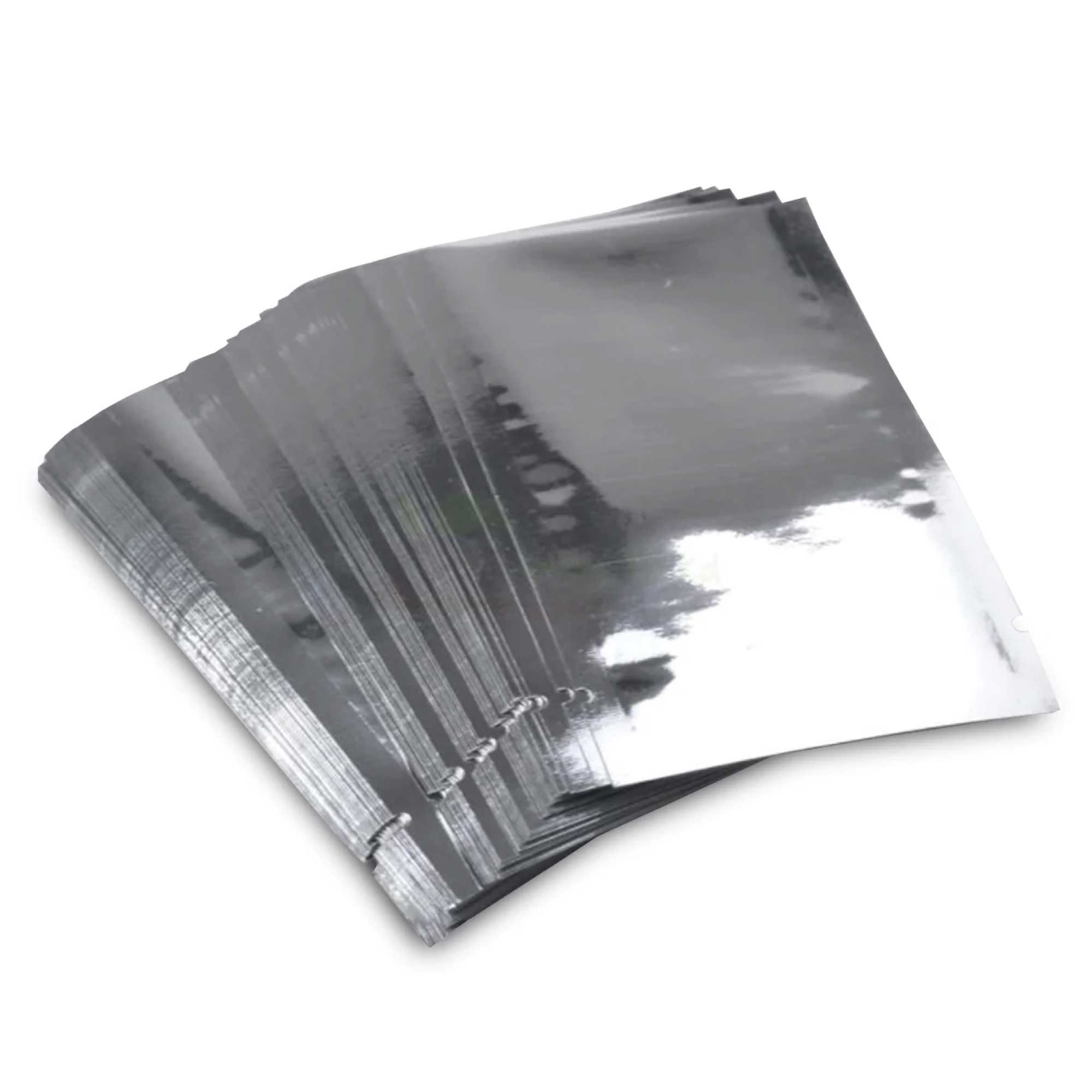 A stack of 100 Mylar vacuum food pouches, silver in color, measuring 20x30cm, designed for long-term food storage with a standing base.