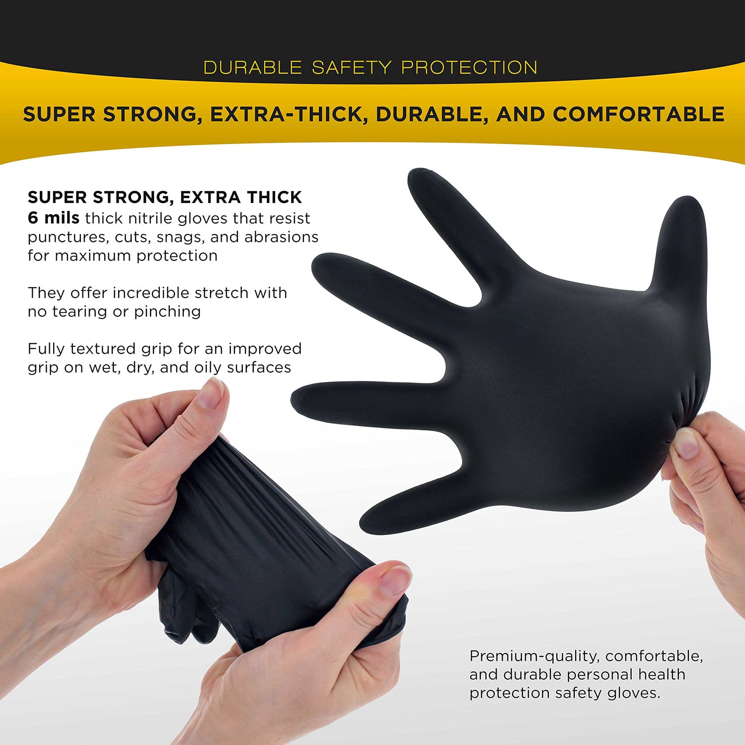 A box of 100 black nitrile disposable gloves, showcasing their thickness and texture, ideal for industrial and food service use.