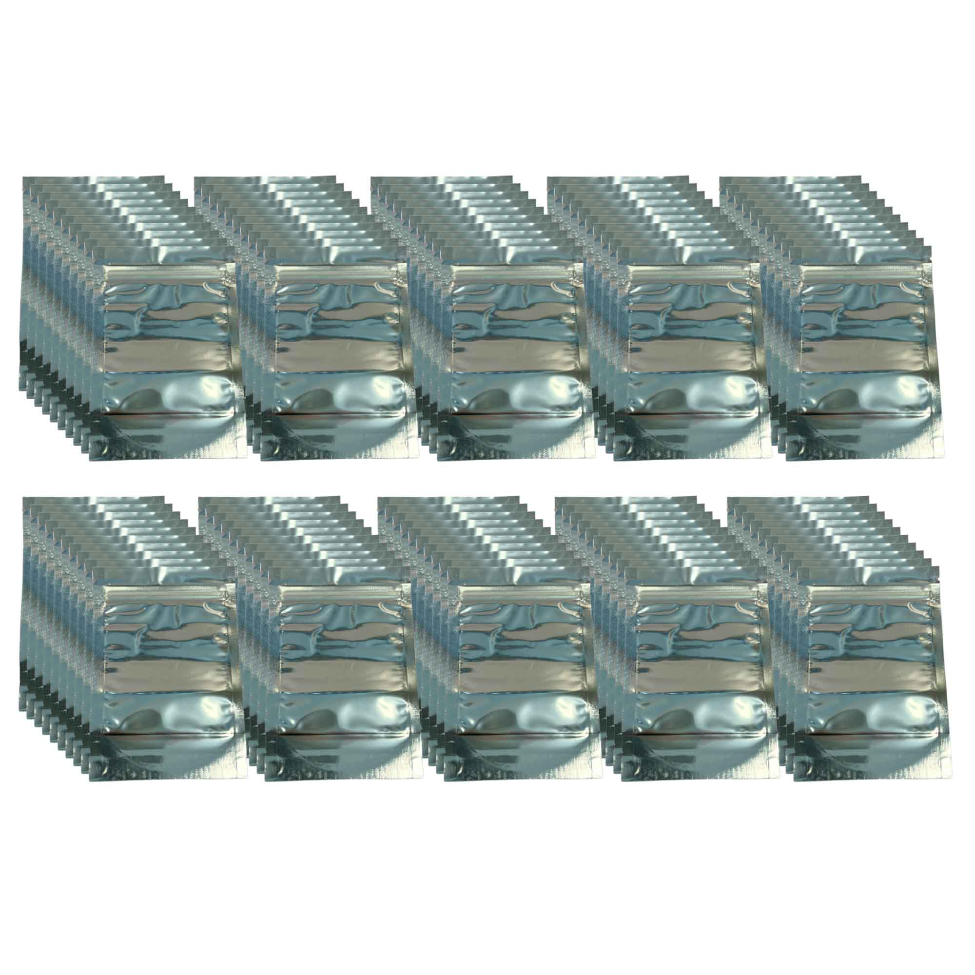 100 resealable aluminium pouches with a clear window for food storage, measuring 10x15cm, featuring a standing base and zip close.