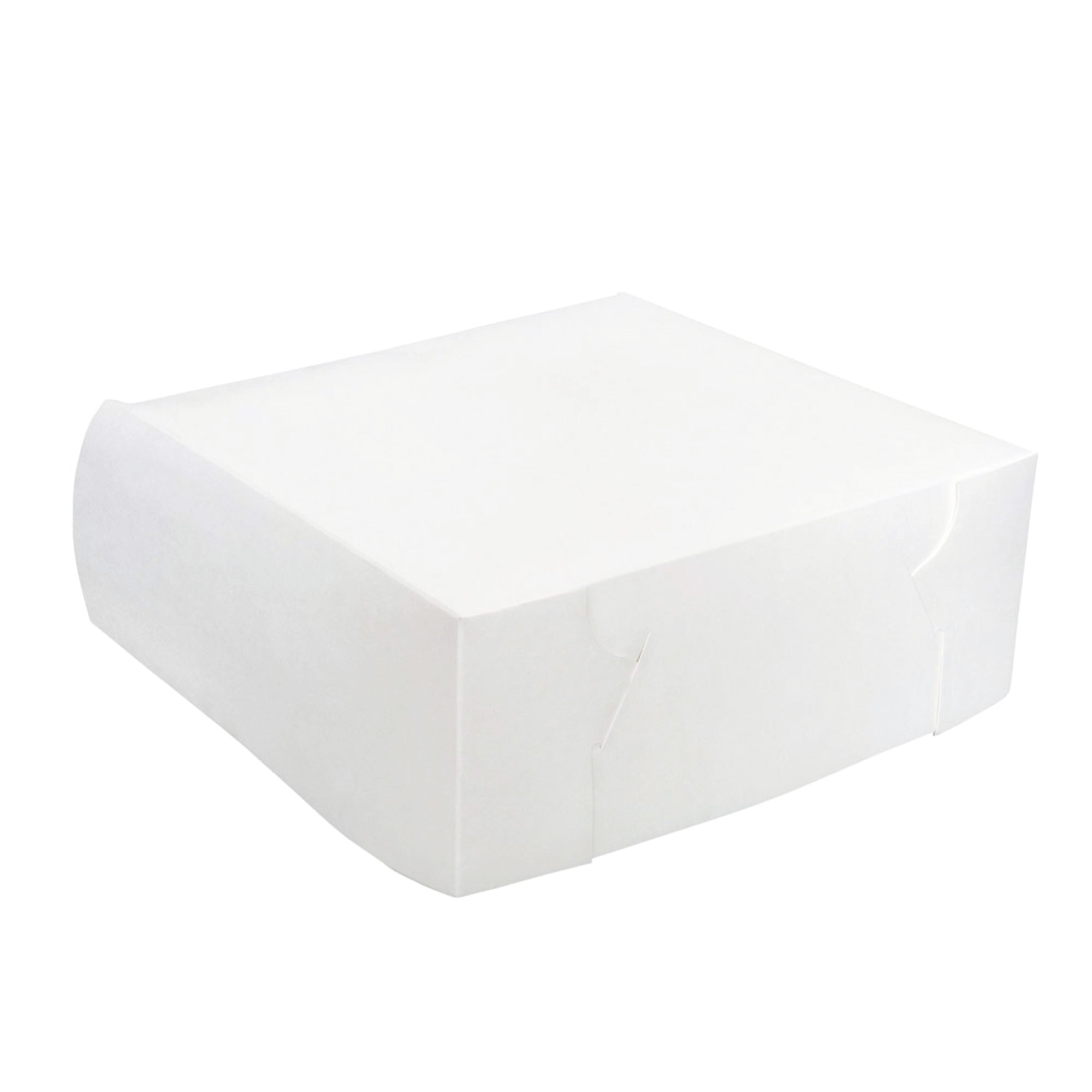 100x Takeaway Cake Box, square white dessert packaging, ideal for cakes and pastries, measuring 10x10x4 inches.