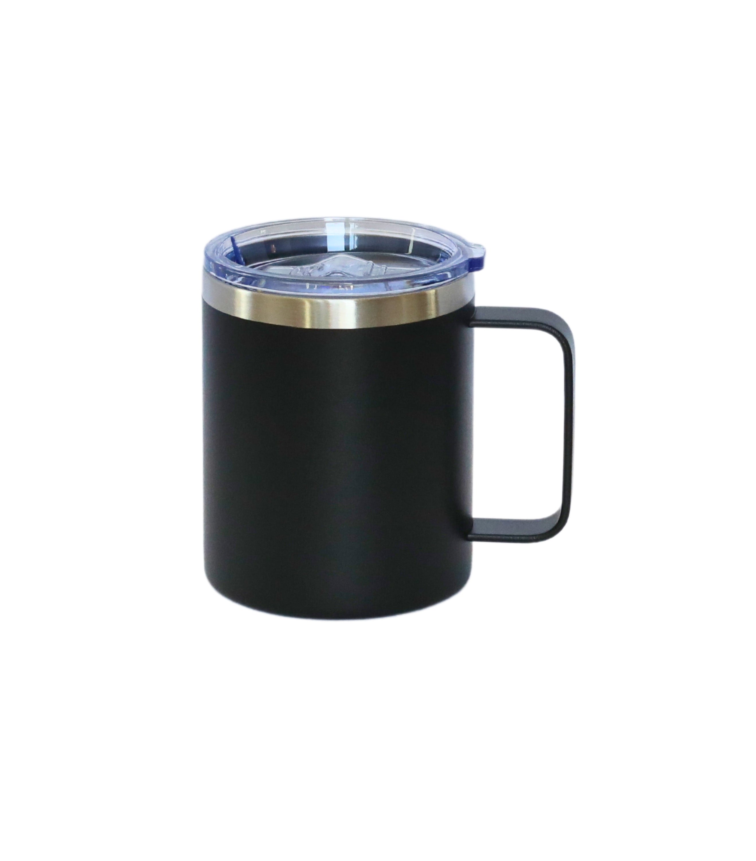 12 Oz Black Stainless Steel Travel Mug with Handle, featuring a sleek design and silicone cover for leak-proof travel.