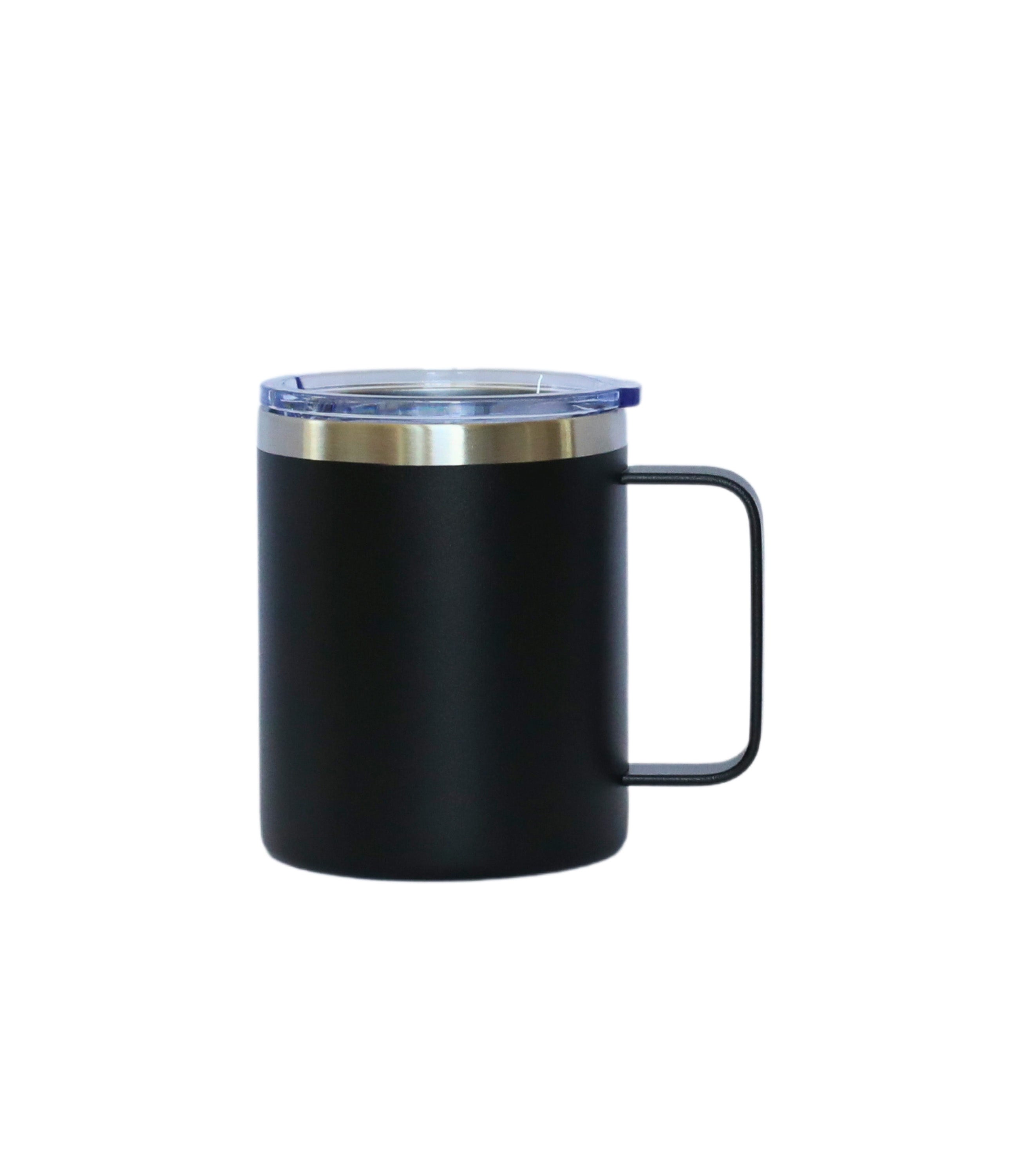 12 Oz Black Stainless Steel Travel Mug with Handle, featuring a sleek design and silicone cover for leak-proof travel.