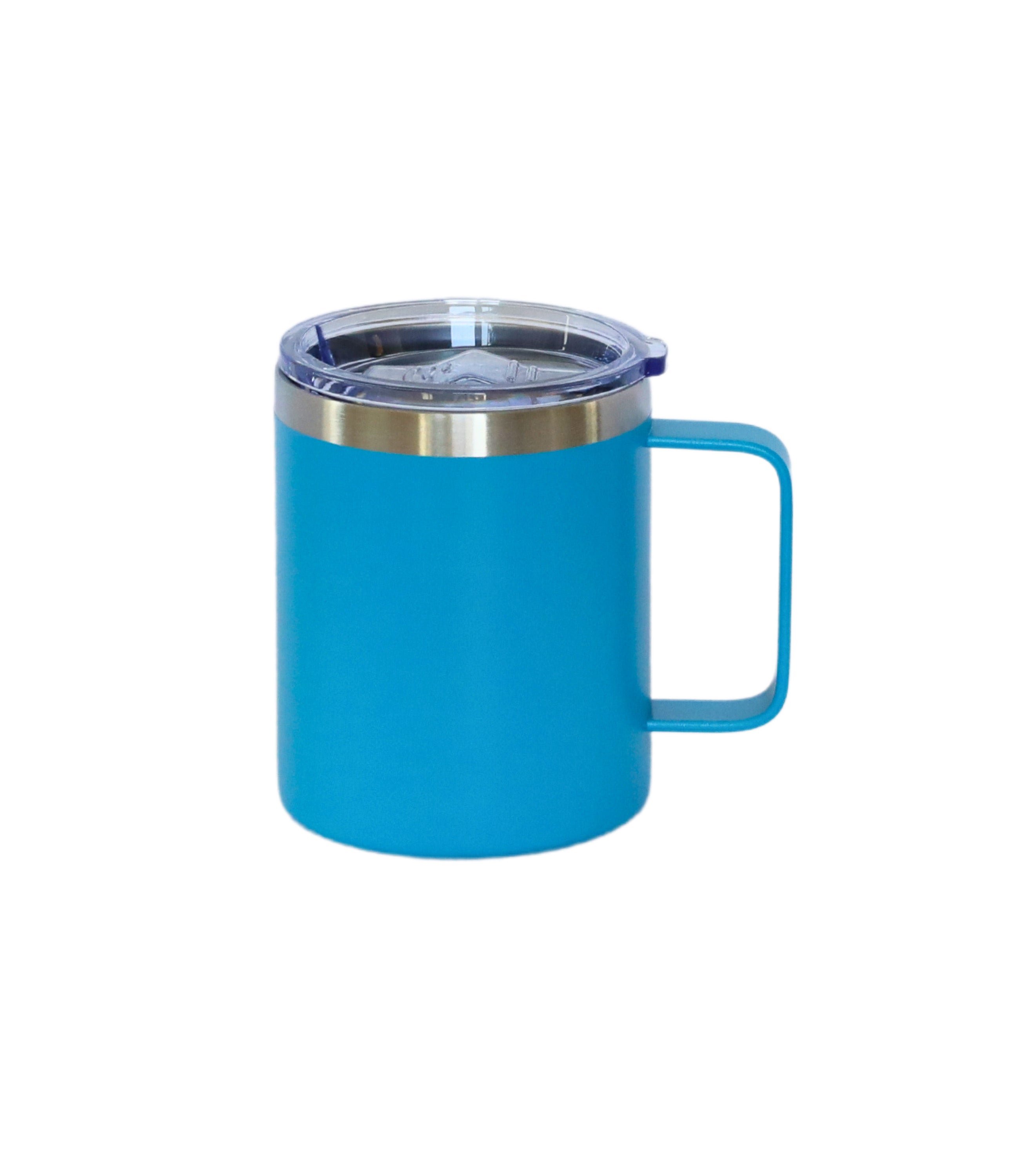 12 Oz Blue Stainless Steel Travel Mug with Handle, featuring a sleek design and silicone cover for leak-proof travel.