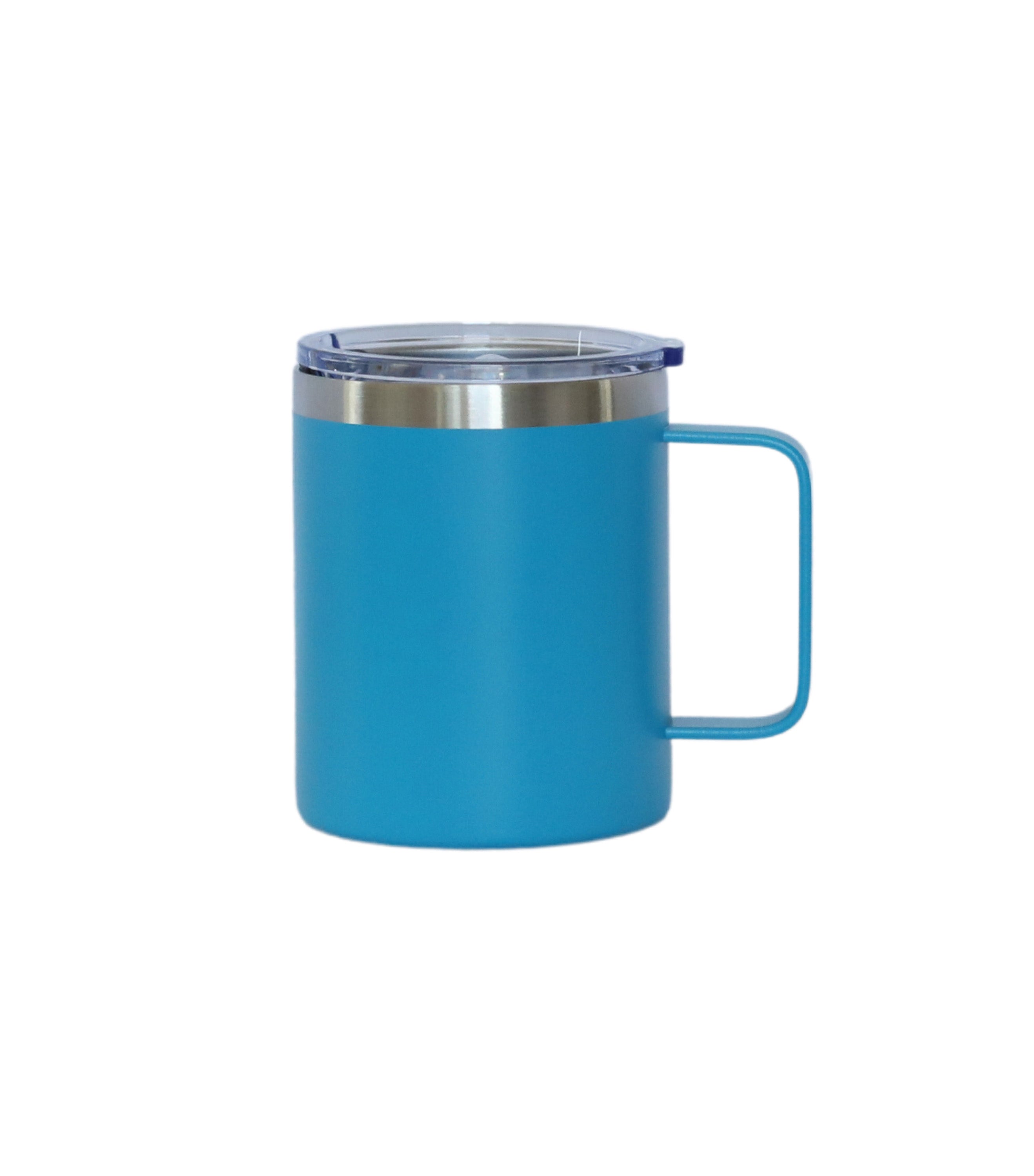 12 Oz Blue Stainless Steel Travel Mug with Handle, featuring a sleek design and silicone cover for leak-proof travel.
