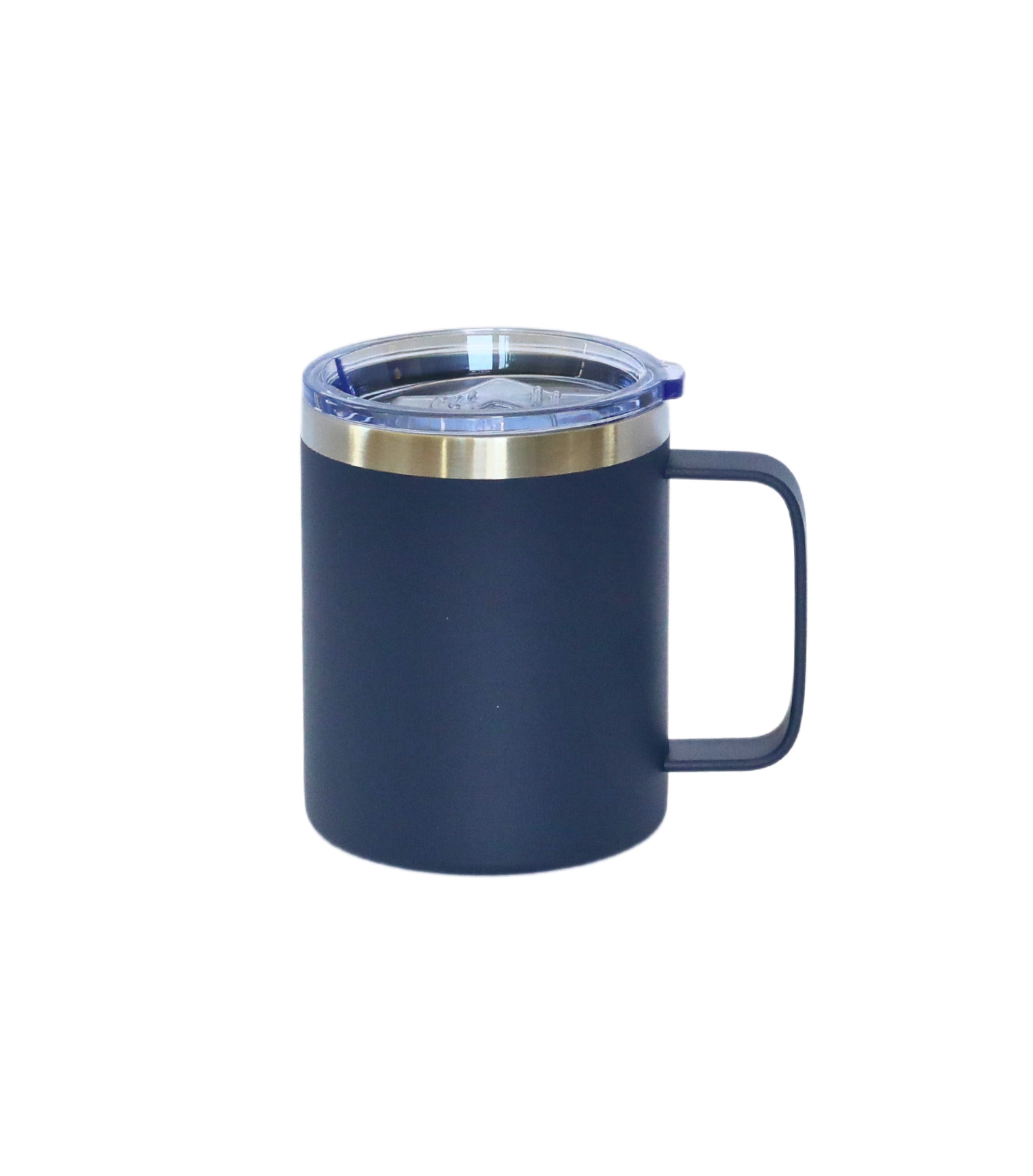 12 Oz Navy Stainless Steel Travel Mug with Handle, featuring a sleek design and silicone cover for leak-proof travel.