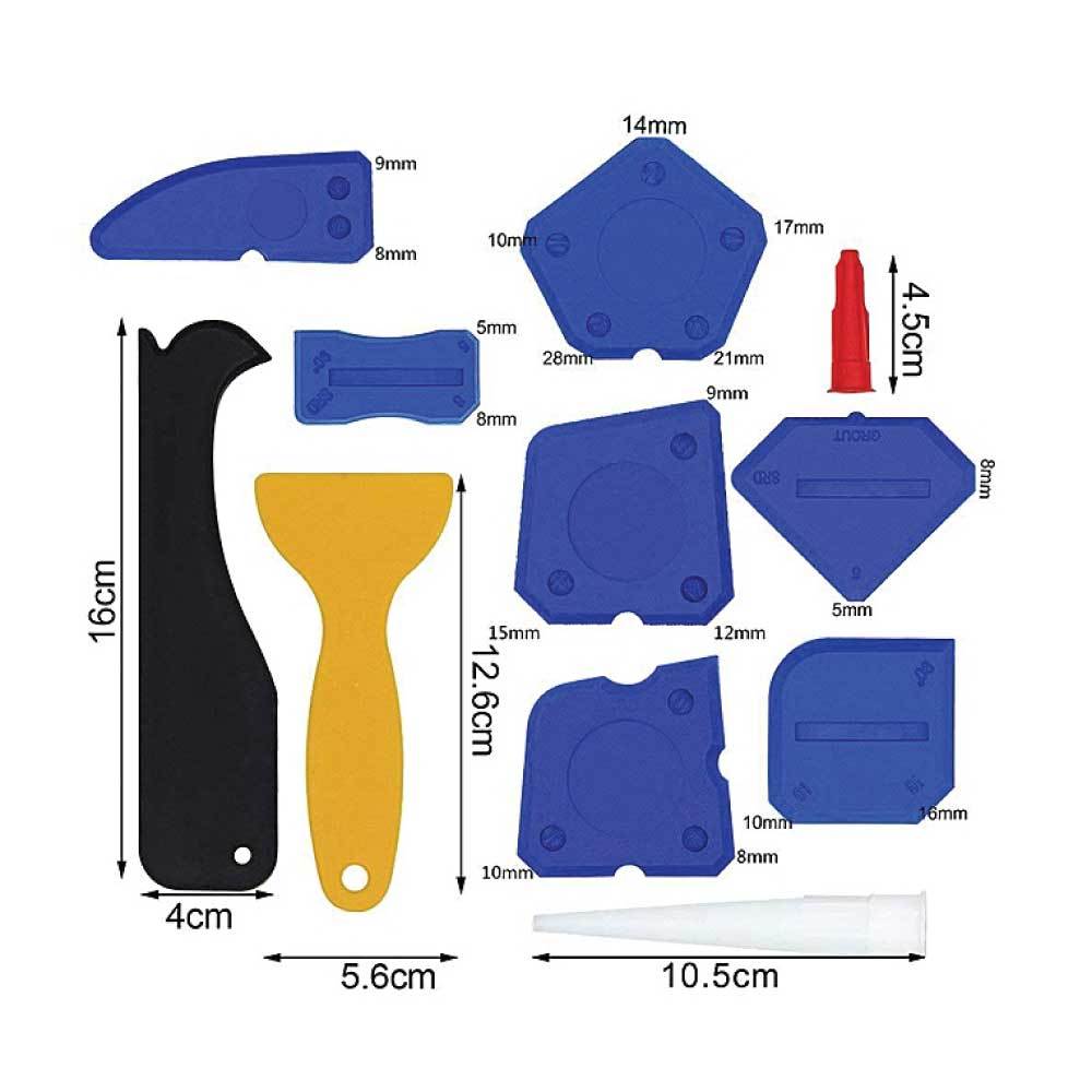 A complete 12 piece plastic sealant scraper tools set including various sealant finishing tools, a grout scraper, and caulk remover.