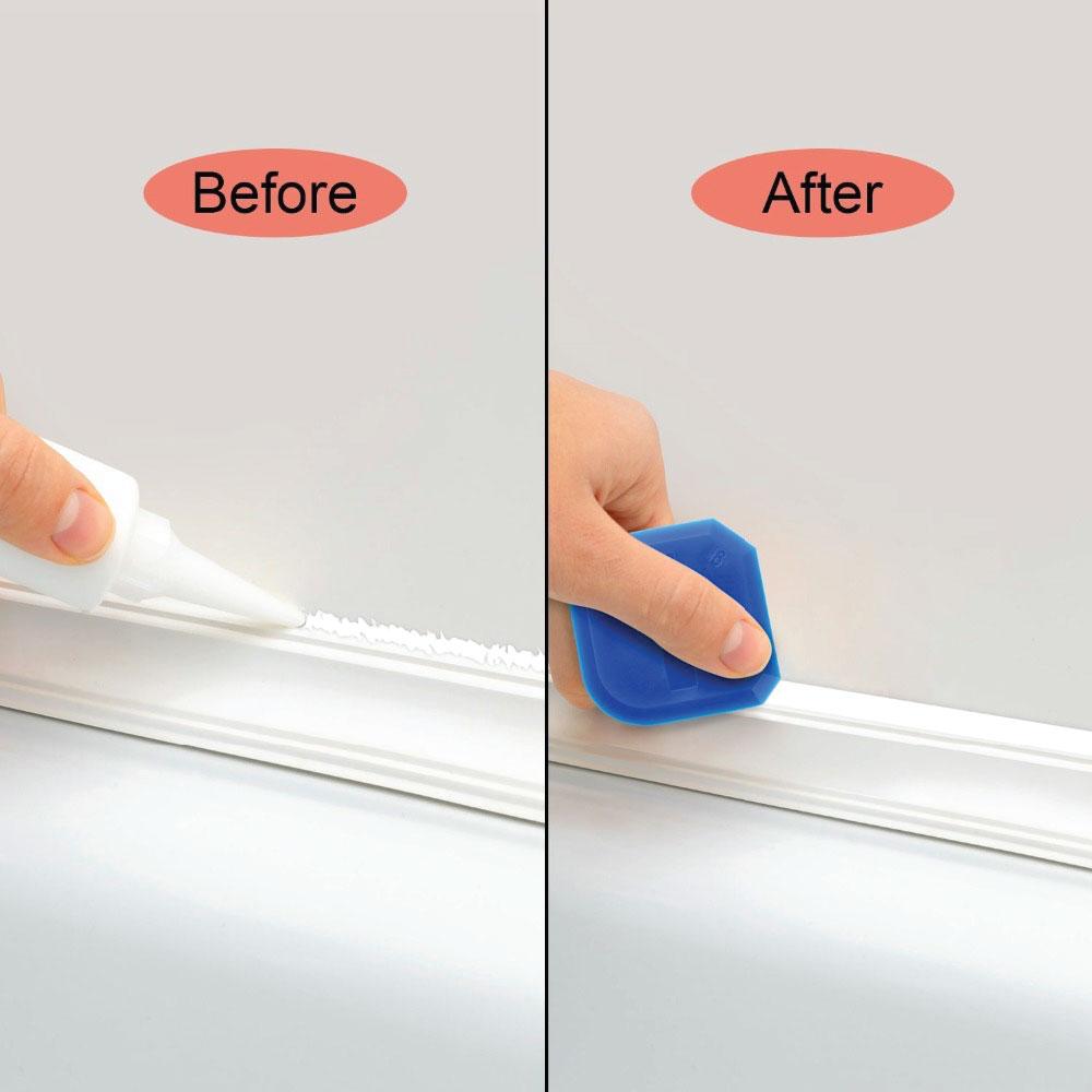 A complete 12 piece plastic sealant scraper tools set including various sealant finishing tools, a grout scraper, and caulk remover.