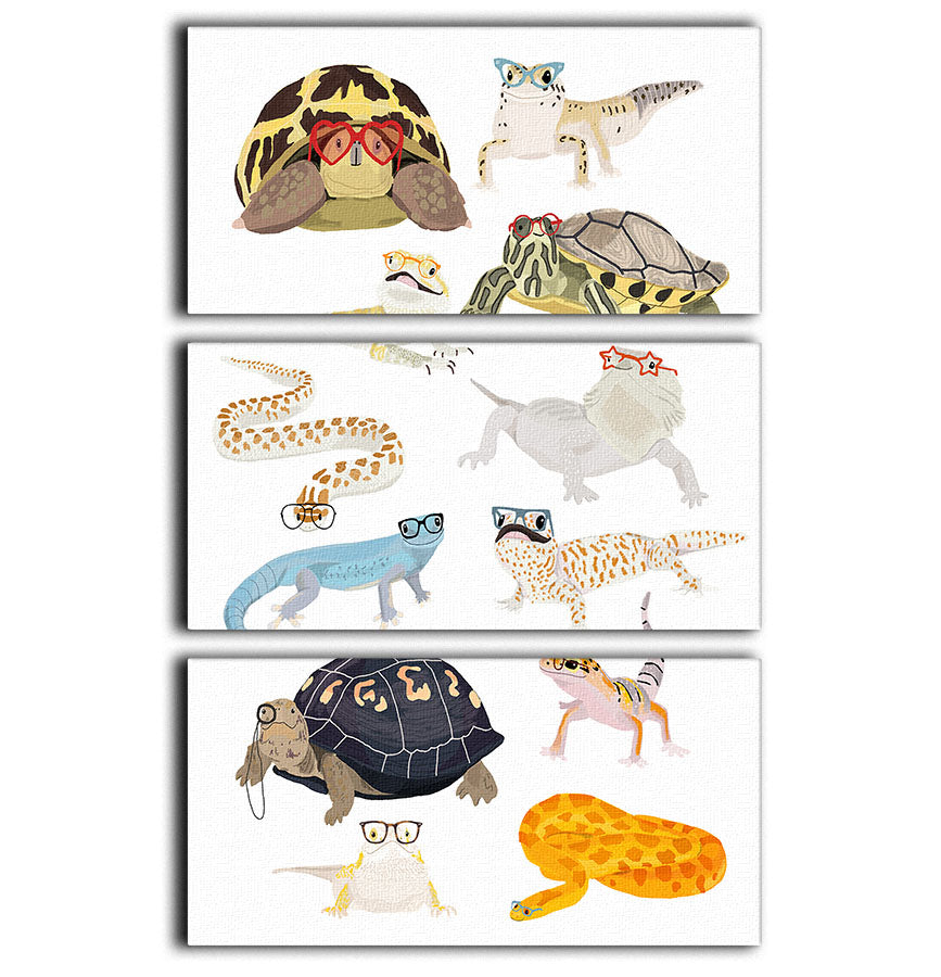 A vibrant 3-panel canvas print featuring 12 reptiles wearing glasses, perfect for home decor.