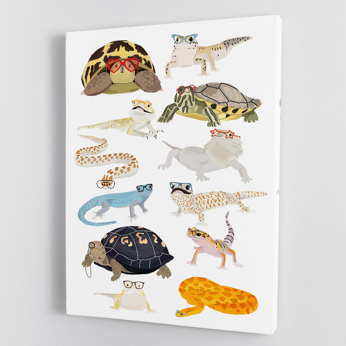 A colorful canvas print featuring twelve reptiles wearing stylish glasses, showcasing vibrant details and whimsical design.